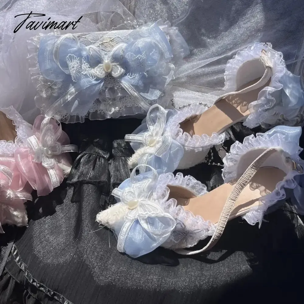 Tavimart Sweet Lolita Retro Court Style Cosplay Cute Loli Flower Wedding Girl Pearl Ribbon Butterfly Lace 8cm Pink Blue High Heeled Shoes