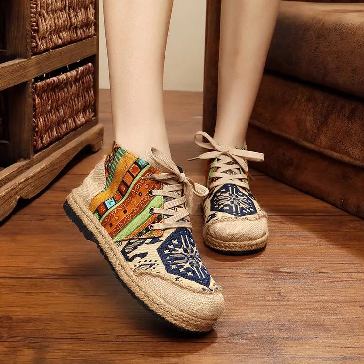 Vintage Boho Folk Pattern Lace-up Flat Canvas Shoes