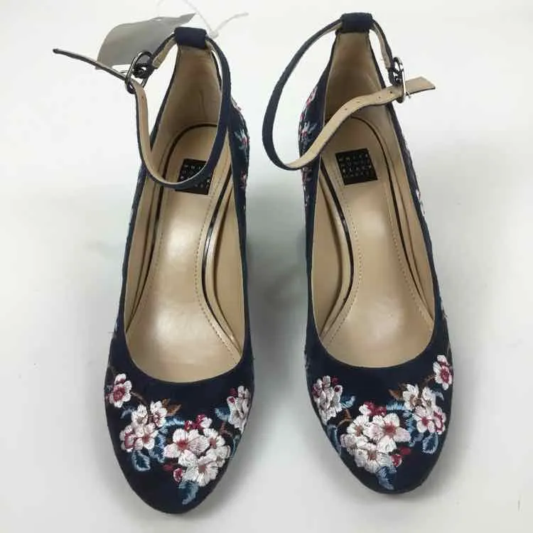 White House Black Market Women Size 6.5 Navy/white Floral Ankle Strap Heels