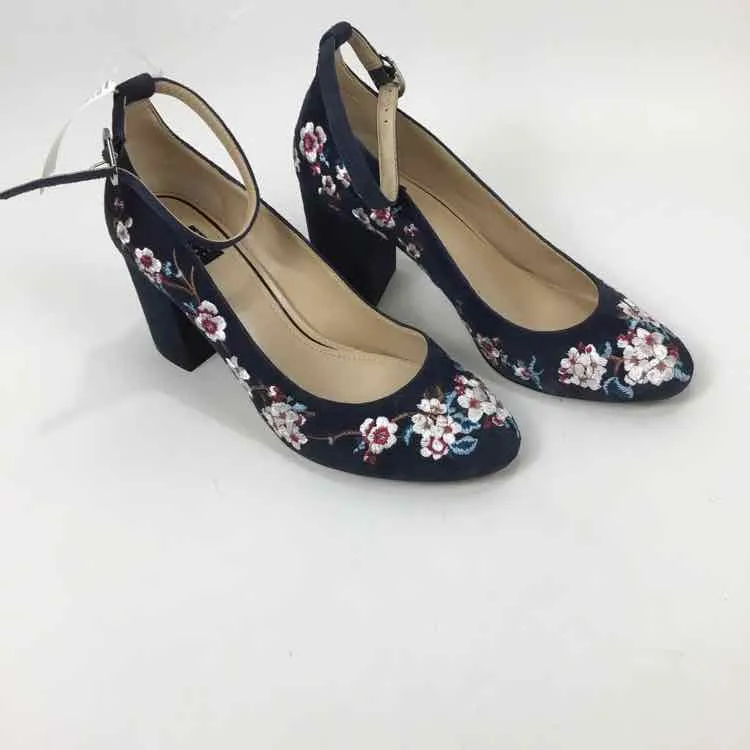 White House Black Market Women Size 6.5 Navy/white Floral Ankle Strap Heels