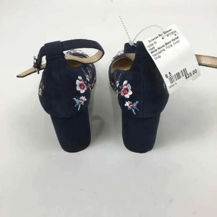 White House Black Market Women Size 6.5 Navy/white Floral Ankle Strap Heels