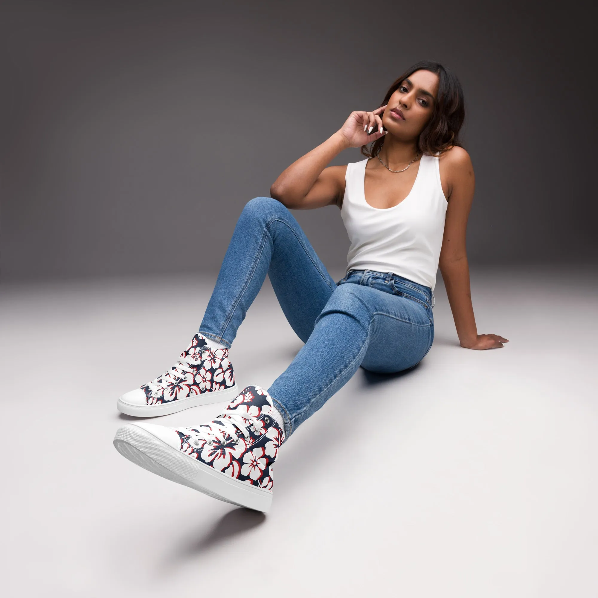 Women's Navy Blue, White and Red Hawaiian Print High Top Canvas Shoes