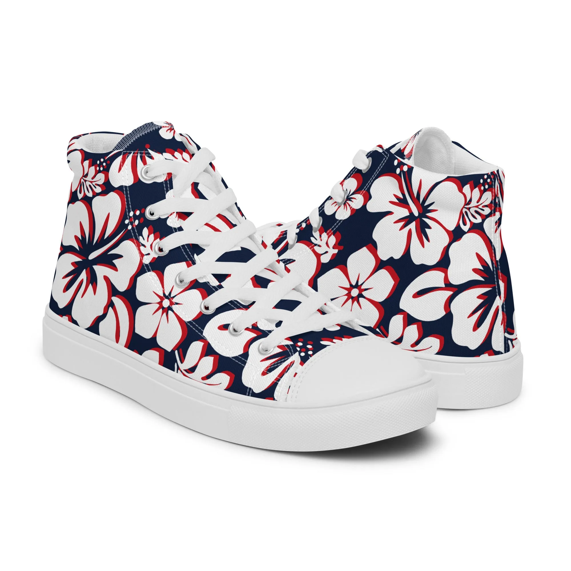 Women's Navy Blue, White and Red Hawaiian Print High Top Canvas Shoes